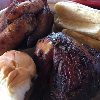 Inka Chicken - Inka quarter chicken with fried yucca and fried plantains and a dinner roll - Peruvian Near Me - Austin, Texas Inka Chicken - Inka quarter chicken with fried yucca and fried plantains and a dinner roll - Peruvian Near Me - Austin, Texas