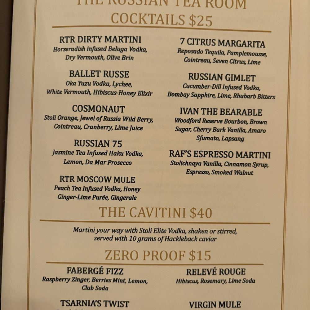 The Russian Tea Room - Cocktail Menu - Tea Rooms Near Me - New York, New York