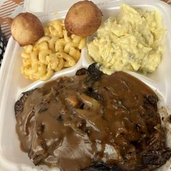 Stancil's Grill - Beef Liver w/onions gravy, white rice underneath, macaroni and cheese, potato salad and hush puppies. Generous Portions!!!