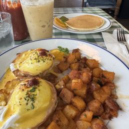 Eggs Benedict/iced latte/ side buttermilk pancake
