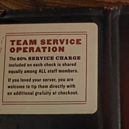 The 20% service charge is in BOLD when they bring the check but they don't inform you and keep it hidden in small print before you eat