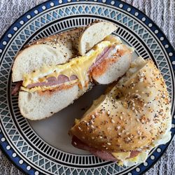 Mel's Bagels & Deli - Taylor Ham (Pork Roll), Egg and Cheese on an everything bagel [Salt, Pepper, Ketchup]