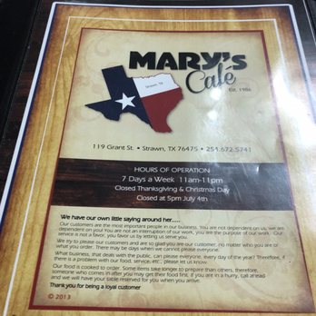 Mary's Cafe - Front of the menu - American Near Me - Strawn, Texas Mary's Cafe - Front of the menu - American Near Me - Strawn, Texas