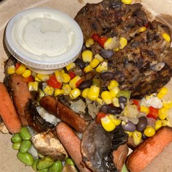 Clean Eatz - BYO bowl with corn, carrots, black bean burger, rice, and a few other mix ins