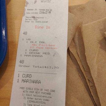 Culver's - Affordable - A paper receipt from Culver's in Madison, WI, dated March 3, 2024, listing a burger, drink, and marinara with a total of $13.70. - Burgers Near Me - Madison, Wisconsin