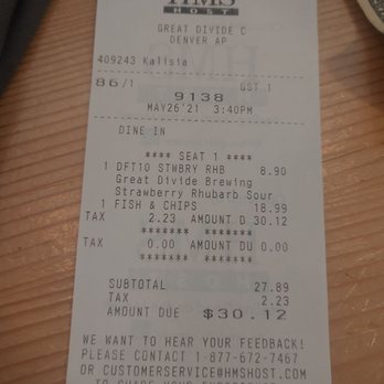 Great Divide Brewhouse and Kitchen - Bill for one person. $$$ not $$ - Brewpubs Near Me - Denver, Colorado