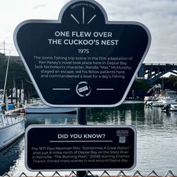 Sign explaining the marina's role in One Flew Over the Cuckoo's Nest. Sign explaining the marina's role in One Flew Over the Cuckoo's Nest.