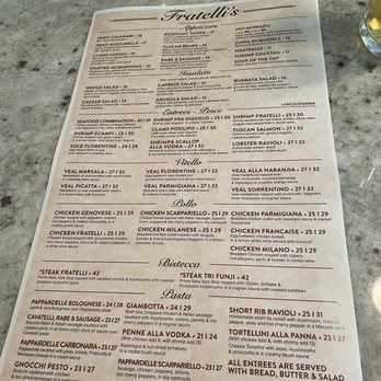 Fratelli's Italian Restaurant - Flip Side of the Menu - Italian Near Me - Milford, Connecticut