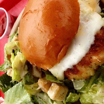 Perry's - HighTide Chicken Sandwich w/ a side Caesar salad - Bike Rentals Near Me - Santa Monica, California Perry's - HighTide Chicken Sandwich w/ a side Caesar salad - Bike Rentals Near Me - Santa Monica, California