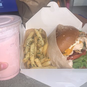 A+ Burger - Strawberry milkshake, garlic fries, grilled chicken burger w cheddar cheese - Burgers Near Me - Oakland, California