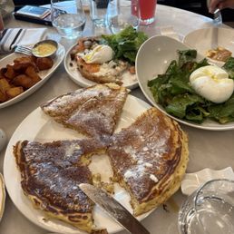 pancake, burrata, salmon toast, crispy fried potatoes, hibiscus limeade