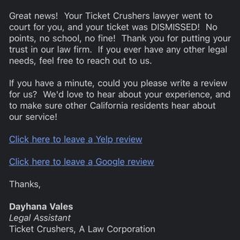 Ticket Crushers Law - Ticket Dismissed!!! - DUI Law Near Me - San Jose, California Ticket Crushers Law - Ticket Dismissed!!! - DUI Law Near Me - San Jose, California