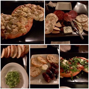 District Wine - Cheese board with charcuterie. Pea tapenade. Artichoke with sun dried tomato flat bread. Prosciutto bon bon. District Margherita flatbread. - Wine Bars Near Me - Long Beach, California