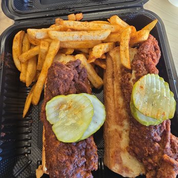 Angry Chickz - #2 Two hot chicken tenders over white bread with pickles and fries - Chicken Shop Near Me - Elk Grove, California Angry Chickz - #2 Two hot chicken tenders over white bread with pickles and fries - Chicken Shop Near Me - Elk Grove, California