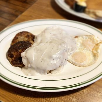 Lumberjacks Restaurant - Biscuits and Gravy with sausage patties and over medium eggs. - American Near Me - Stockton, California Lumberjacks Restaurant - Biscuits and Gravy with sausage patties and over medium eggs. - American Near Me - Stockton, California
