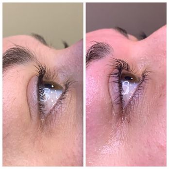 Ruze Spa - Lash lift before and after! - The image features two side-by-side close-up photos of a person's eye, illustrating the before and after effects of a lash lift treatment. The left side shows the eye with natural, straight lashes, while the right side displays the eye with lifted, curled lashes, highlighting the enhancement achieved through the procedure. The focus is on the eye area, with visible skin and eyebrow details, emphasizing the cosmetic change. - Skin Care Near Me - Cedar Rapids, Iowa
