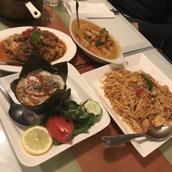 Battambang  - Top left: Egg plant & ground pork in lime sauce Right: duck leg red curry bottom - sliced catfish bottom right - Battambang noodles - Cambodian Near Me - Oakland, California