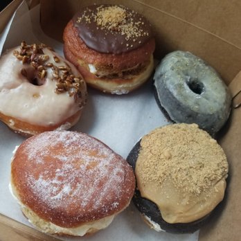 Doughnut Dollies - L to R from bottom center: Peaches and Cream (fav), Sunflower and Honey, S'mores, Chocolate Orange (2nd fav), Fluffernutter. - Breakfast & Brunch Near Me - Marietta, Georgia