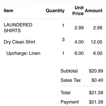 Green Dry Cleaners - Total price for 3 linen shirts dry cleaned and 1 cotton shirt laundered. - Dry Cleaning Near Me - Bayonne, New Jersey Green Dry Cleaners - Total price for 3 linen shirts dry cleaned and 1 cotton shirt laundered. - Dry Cleaning Near Me - Bayonne, New Jersey