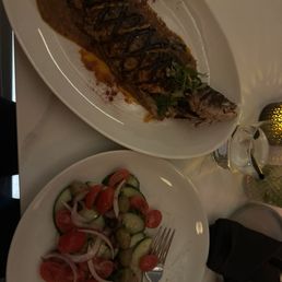 Branzino and Greek salad w/o cheese! Branzino and Greek salad w/o cheese!
