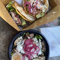 Texicano - Tacos locos (carnitas) & taxicano bowl with carne asada.