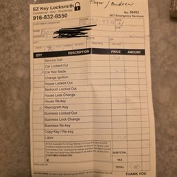 This is the receipt for the $500 cash. No key was ever brought back as promised.  Had to hire another company.