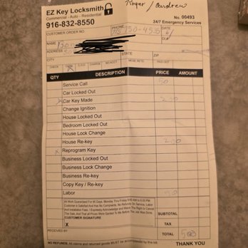 EZ Key Locksmith - This is the receipt for the $500 cash. No key was ever brought back as promised. Had to hire another company. - Keys & Locksmiths Near Me EZ Key Locksmith - This is the receipt for the $500 cash. No key was ever brought back as promised. Had to hire another company. - Keys & Locksmiths Near Me