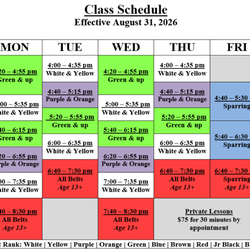 US Taekwondo Center - Schedule as of August 31, 2026