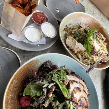 GRANVILLE - Spring Chicken Salad, Angel Hair Pasta, & Sweet Potato Fries. - New American Near Me - Studio City, California GRANVILLE - Spring Chicken Salad, Angel Hair Pasta, & Sweet Potato Fries. - New American Near Me - Studio City, California