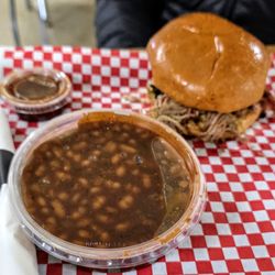 Smokin' Barrel BBQ - Pulled Pork Sandwich with Baked Beans at Smokin' Barrel BBQ