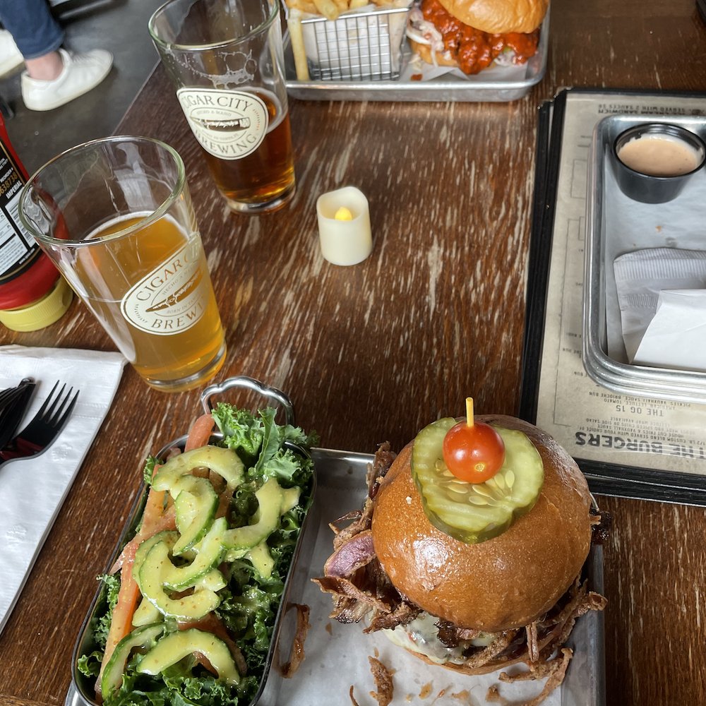 Vauxhall - Rodeo clown burger with a side salad and the Nashville Chicken Sandwich (spicy!) - Burgers Near Me - Huntington, New York Vauxhall - Rodeo clown burger with a side salad and the Nashville Chicken Sandwich (spicy!) - Burgers Near Me - Huntington, New York