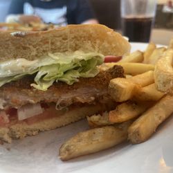 Foot of the Mountain Restaurant - Hoosier tenderloin with fries and a Dr Pepper.