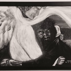 The Frame Shop - This is my painting of Jacob wrestling the angel. It was perfectly finished, with a custom black frame, by Bruce at the Frame Shop!