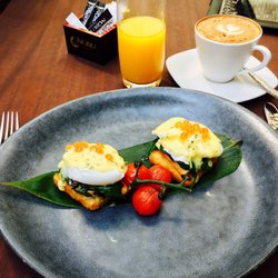Nobu Restaurant & Bar - What. A. Breakfast. Matsuhisa benedict - crispy tofu (!) spinach, snow crab, shiso bearnaise, salmon egg (?)