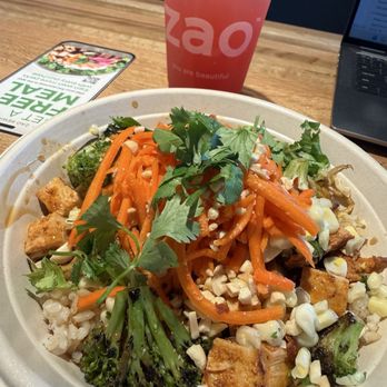 Zao Asian Grill - My delicious bowl with chicken, half rice, half noodles, teriyaki sauce *and* chili lemongrass sauce, broccoli, carrots, cilantro. - Asian Fusion Near Me - Eagle, Idaho Zao Asian Grill - My delicious bowl with chicken, half rice, half noodles, teriyaki sauce *and* chili lemongrass sauce, broccoli, carrots, cilantro. - Asian Fusion Near Me - Eagle, Idaho
