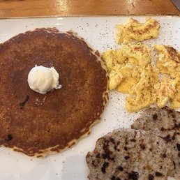 Original Pancakes, scrambled eggs and chicken sausage