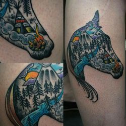 Fox Tattoo Parlor & Gallery - Horse head with mountain scenery.
