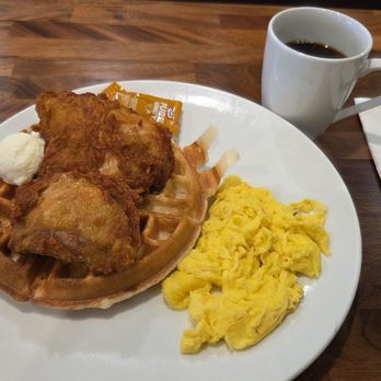 Bajis Cafe - Fried chicken & waffle with honey (and scrambled eggs) with bottomless coffee - Breakfast & Brunch Near Me - Mountain View, California Bajis Cafe - Fried chicken & waffle with honey (and scrambled eggs) with bottomless coffee - Breakfast & Brunch Near Me - Mountain View, California