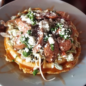 Flippers Tavern - Corn waffle with elk jalapeno sausage. - Bars Near Me - Lubbock, Texas