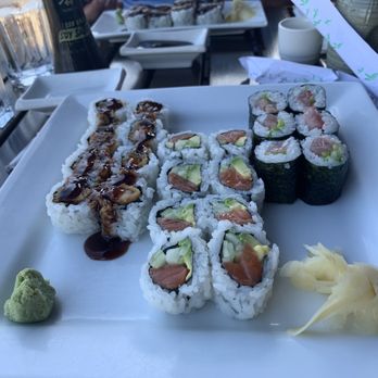 Akasaka - Maki Combo, shrimp tempura roll on left, Alaska roll in the center and yellowtail roll on the right. - Sushi Bars Near Me - Newburgh, New York