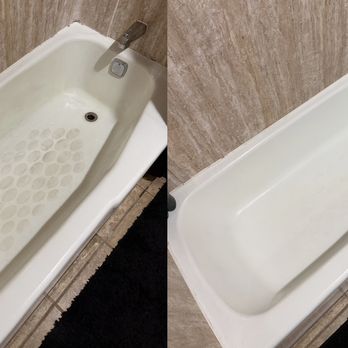 Haven Home Services - Years of buildup on textured tub floors can take multiple sessions to restore completely, but look at the difference one clean can make. - Home Cleaning Near Me Haven Home Services - Years of buildup on textured tub floors can take multiple sessions to restore completely, but look at the difference one clean can make. - Home Cleaning Near Me