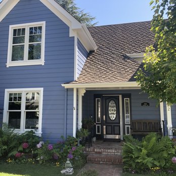 The Painting Pros - After Completion: we used BM 831 Stratford Blue on body, Chantilly Lace trim, and BM 833 Evening Blue on door - Painters Near Me - Los Gatos, California The Painting Pros - After Completion: we used BM 831 Stratford Blue on body, Chantilly Lace trim, and BM 833 Evening Blue on door - Painters Near Me - Los Gatos, California