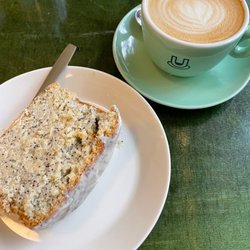 Populus Coffee - Lemon Poppy Seed Loaf, Oat Milk Cappuccino
