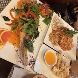 Ponsawan Thai Cuisine - Whole fish, wonton, and pad Thai