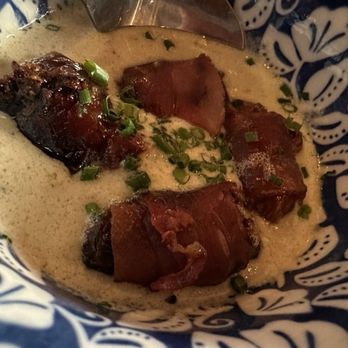 Figo Wine Bar - Dates - Stuffed with Gorgonzola, Wrapped in Speck, Gorgonzola Sauce & Chives - Wine Bars Near Me - Chicago, Illinois