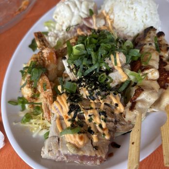 Hana Hou Restaurant - Sampler trio with ahi, shrimp and chicken skewers - Comfort Food Near Me - Naalehu, Hawaii Hana Hou Restaurant - Sampler trio with ahi, shrimp and chicken skewers - Comfort Food Near Me - Naalehu, Hawaii