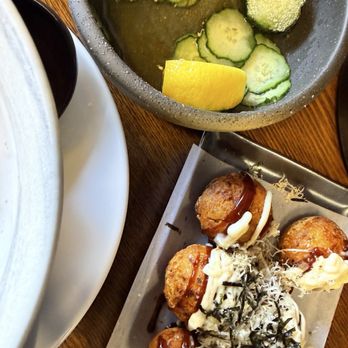 Denya Ramen - Takoyaki and remnants of cucumber salad (too delicious to wait) - Ramen Near Me - San Francisco, California