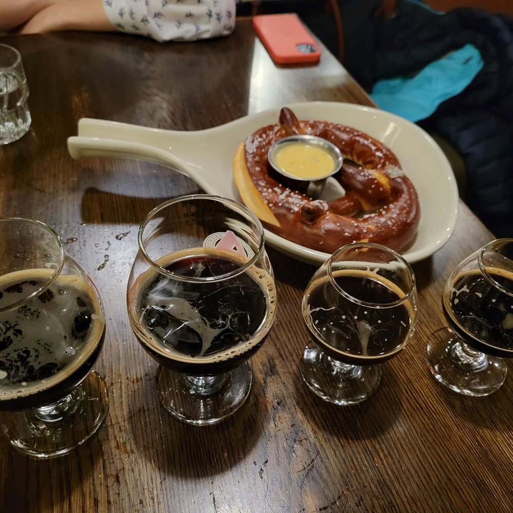 Avery Brewing - Beer flight and pretzel - Breweries Near Me - Boulder, Colorado Avery Brewing - Beer flight and pretzel - Breweries Near Me - Boulder, Colorado