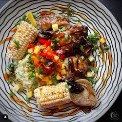 The Fig & The Knife - Teriyaki Chicken with Cilantro Rice, Grilled Corn and Mango Salsa.