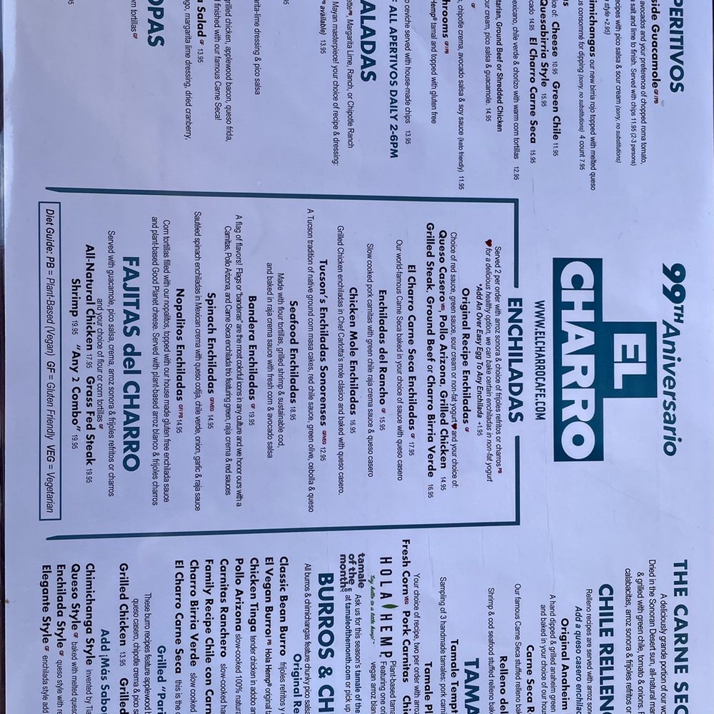 El Charro Cafe - Menu front - Mexican Near Me - Tucson, Arizona